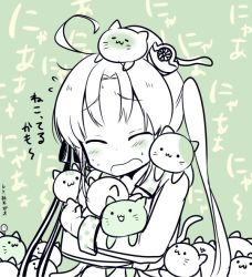 Rule 34 | 10s, 1girl, :3, ahoge, akitsushima (kancolle), animal, animal ears, animal on head, animal on shoulder, blush, cat, cat ears, cat on head, cat on shoulder, closed eyes, hair ornament, hair ribbon, hat, hug, jacket, kantai collection, long hair, long sleeves, military, military uniform, mini hat, monochrome, on head, open mouth, ribbon, side ponytail, sidelocks, solo, surrounded, tail, too many, too many cats, translation request, uniform, yuzuki gao