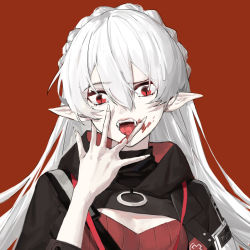 Rule 34 | 1girl, arknights, black jacket, blood, blood on face, braid, commentary request, crown braid, five-fall, hair between eyes, hand up, highres, hood, hood down, jacket, long hair, looking at viewer, open mouth, pointy ears, red background, red eyes, silver hair, simple background, solo, tongue, upper body, warfarin (arknights), warfarin (elite ii) (arknights)