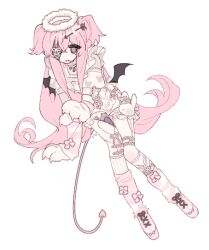Rule 34 | 1girl, animal hands, arrow through heart, bad id, bad twitter id, black eyes, black ribbon, demon tail, demon wings, gloves, halo, invisible chair, long hair, original, patchwork skin, paw gloves, pink hair, pink ribbon, pink socks, puffy short sleeves, puffy sleeves, ribbon, shirt, short sleeves, sitting, socks, solo, tail, two side up, u emper, very long hair, white ribbon, white shirt, wings