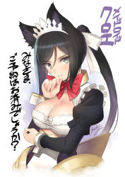 Rule 34 | 1girl, animal ear fluff, animal ears, artist name, black hair, blush, bow, breasts, cleavage, clothing cutout, commentary request, detached sleeves, dress, fingernails, frills, green eyes, hair bow, hair ornament, hand up, highres, long hair, long sleeves, looking at viewer, medium breasts, original, parted lips, ponytail, puffy sleeves, red bow, shiny skin, signature, simple background, smile, solo, tiara, tony taka, upper body, white background