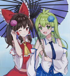 Rule 34 | 2girls, :d, ;), ahoge, ascot, black hair, blue flower, blue necktie, bow, closed mouth, collared shirt, commentary, detached sleeves, english commentary, fang, flower, green eyes, green hair, hair bow, hair flower, hair ornament, hair tubes, hakurei reimu, holding, holding umbrella, kochiya sanae, long hair, medium hair, multico, multiple girls, necktie, nontraditional miko, one eye closed, open mouth, outdoors, pink flower, rain, red bow, red eyes, red shirt, ribbon-trimmed sleeves, ribbon trim, shirt, skin fang, smile, touhou, umbrella, upper body, white shirt, wide sleeves, yellow ascot