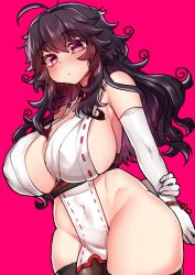 Rule 34 | 1girl, ahoge, armpits, arms behind back, bare shoulders, black thighhighs, blush, bracelet, breasts, covered erect nipples, cowboy shot, curly hair, elbow gloves, gloves, heart, heart-shaped pupils, huge breasts, jewelry, long hair, looking at viewer, navel, nyarla (osiimi), original, osiimi, pelvic curtain, pink background, pink eyes, purple hair, sash, simple background, solo, symbol-shaped pupils, thick thighs, thighhighs, thighs, white gloves