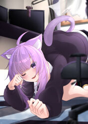 Rule 34 | 1girl, :3, absurdres, ahoge, all fours, animal ear fluff, animal ears, black jacket, black sleeves, blurry, blurry background, blurry foreground, blush, cat ears, cat girl, cat tail, collared shirt, commentary request, elbow rest, eyes visible through hair, highres, hololive, indoors, jacket, jam bread, long hair, long sleeves, looking at viewer, medium hair, microphone, monitor, nekomata okayu, nekomata okayu (oversized shirt), official alternate costume, on ground, one eye closed, open mouth, puffy sleeves, purple eyes, purple hair, purple tail, shirt, solo, stretching, tail, virtual youtuber, white undershirt