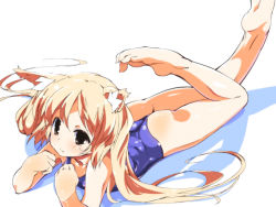 Rule 34 | 1girl, alta, animal ears, ass, barefoot, black eyes, blonde hair, blush, feet, long hair, looking at viewer, lying, on stomach, one-piece swimsuit, original, oruta (owata saber), school swimsuit, soles, solo, swimsuit, toes, wolf ears