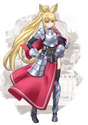 Rule 34 | 1girl, alternate costume, alternate hair length, alternate hairstyle, animal ears, armor, armored boots, blonde hair, boots, breastplate, brown eyes, cape, closed mouth, detached sleeves, elbow rest, extra ears, full body, gauntlets, hand on own hip, high ponytail, highres, kawanami eito, kemono friends, legs apart, long hair, looking to the side, plate armor, rhinoceros ears, short cape, shoulder armor, smile, solo, standing, thighhighs, very long hair, weapon, white rhinoceros (kemono friends)