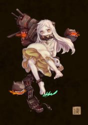 Rule 34 | 10s, 1girl, abyssal ship, ahoge, barefoot, covered mouth, dress, faux traditional media, horns, kantai collection, long hair, looking at viewer, machinery, mittens, northern ocean princess, siephy, solo, white dress, white hair, yellow eyes