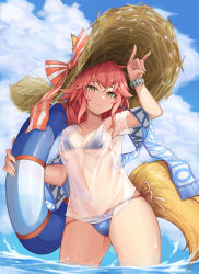 Rule 34 | 1girl, absurdres, animal ears, aoria, bikini, blue bikini, blue sky, bow, character name, closed mouth, cloud, day, fate/grand order, fate (series), fox ears, fox shadow puppet, fox tail, hand up, hat, highres, looking at viewer, navel, outdoors, partially submerged, pink hair, ribbon, shirt, short hair, side-tie bikini bottom, sky, smile, solo, straw hat, striped bow, striped ribbon, swimsuit, tail, tamamo (fate), tamamo no mae (fate/extra), tamamo no mae (swimsuit lancer) (fate), tamamo no mae (swimsuit lancer) (second ascension) (fate), thighs, water, wet, wet clothes, wet shirt, yellow eyes