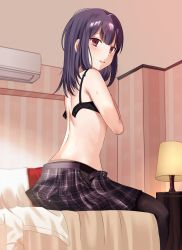 Rule 34 | 1girl, back, bare back, bare shoulders, bed sheet, bedroom, black bra, black pantyhose, blouse, blush, bra, commentary request, desk lamp, from above, from side, highres, idolmaster, idolmaster shiny colors, indoors, lamp, long hair, looking at viewer, looking to the side, morino rinze, on bed, open bra, open clothes, open skirt, pantyhose, parted lips, pillow, pink eyes, plaid, plaid skirt, purple hair, purple skirt, shirt, sitting, skirt, solo, sweat, takeume, underwear, unfastened, unworn shirt, white shirt