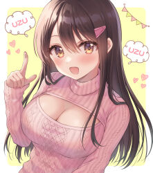 Rule 34 | 1girl, :d, blush, breasts, brown eyes, brown hair, cleavage, cleavage cutout, clothing cutout, comiket 103, commentary request, hair between eyes, hair ornament, hairclip, hand up, heart, highres, large breasts, long hair, long sleeves, looking at viewer, meme attire, open-chest sweater, open mouth, original, pennant, pink sweater, ribbed sweater, sato ame, sleeves past wrists, smile, solo, string of flags, sweater, turtleneck, turtleneck sweater, two-tone background, very long hair, white background, yellow background