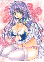 Rule 34 | 1girl, august soft, blush, breasts, clothes lift, crown, detached collar, dress, feena fam earthlight, flower, frilled dress, frills, gloves, green eyes, highres, large breasts, leggings, looking at viewer, panties, princess, purple hair, skirt, skirt lift, solo, thighhighs, traditional media, twobee, underwear, white gloves, yoake mae yori ruri iro na