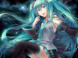 Rule 34 | 1girl, aqua eyes, aqua hair, colored eyelashes, detached sleeves, eyelashes, hatsune miku, long hair, necktie, night, night sky, open mouth, rella, skirt, sky, smile, solo, star (sky), star (symbol), starry sky, thighhighs, twintails, very long hair, vocaloid, wallpaper