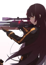 Rule 34 | 1girl, absurdres, aiming, bad id, bad pixiv id, belt, black gloves, braid, bullpup, closed mouth, finger on trigger, french braid, from side, girls&#039; frontline, gloves, gun, hair ribbon, hands up, highres, inxst, long hair, long sleeves, one side up, purple hair, red eyes, red ribbon, ribbon, rifle, scope, serious, shirt, side ponytail, simple background, sniper rifle, solo, very long hair, wa2000 (girls&#039; frontline), walther, walther wa 2000, weapon, white background