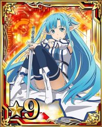 Rule 34 | 10s, 1girl, asuna (sao), asuna (sao-alo), blue eyes, blue hair, blue thighhighs, boots, card (medium), holding, holding sword, holding weapon, long hair, looking at viewer, matching hair/eyes, pointy ears, sitting, skirt, smile, solo, star (symbol), sword, sword art online, thighhighs, weapon, white footwear, white skirt, zettai ryouiki