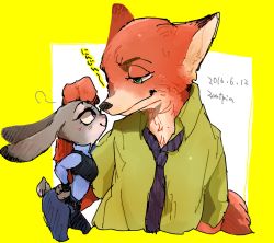 Rule 34 | 1boy, 1girl, animal ears, artist request, rabbit, rabbit ears, rabbit tail, disney, face-to-face, fox, fox ears, fox tail, furry, green eyes, hetero, highres, judy hopps, looking at another, nick wilde, police, police uniform, simple background, size difference, tail, uniform, upper body, zootopia
