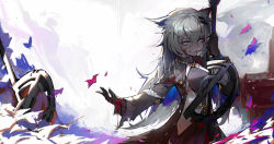 Rule 34 | 1girl, animal ears, arknights, black capelet, black coat, black gloves, blood, blood on face, blood on hands, blue eyes, breasts, capelet, chinese commentary, coat, commentary request, dripping, evil grin, evil smile, fur-trimmed coat, fur trim, gloves, grin, hair ornament, hairclip, highres, holding, holding sword, holding weapon, lappland (arknights), lappland (refined horrormare) (arknights), long hair, long sleeves, looking at viewer, medium breasts, official alternate costume, open clothes, open coat, outstretched arm, parted lips, qingfeng canying, silver hair, smile, solo, sword, symbol-only commentary, teeth, upper body, vest, weapon, white vest, wolf ears