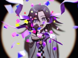 Rule 34 | 1boy, :d, arironpawa, checkered clothes, checkered scarf, confetti, danganronpa (series), danganronpa 10th anniversary costume, danganronpa v3: killing harmony, fangs, flipped hair, grey jacket, gun, hair between eyes, highres, holding, holding gun, holding weapon, jacket, looking at viewer, male focus, official alternate costume, open mouth, oma kokichi, pink shirt, scarf, shirt, smile, solo, upper body, weapon