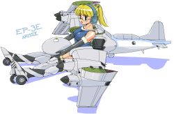 Rule 34 | 1girl, aircraft, airplane, bare shoulders, blonde hair, character name, elbow gloves, fur trim, glasses, gloves, green eyes, headset, kagami mochi, lockheed ep-3, lockheed p-3, long hair, mecha musume, military, nanashi (7th exp), one-piece swimsuit, open mouth, original, personification, ponytail, school swimsuit, shadow, sitting, smile, solo, swimsuit, wheel