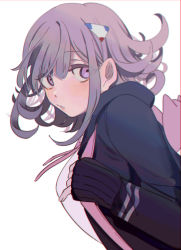 Rule 34 | 1girl, absurdres, animal bag, backpack, bag, black jacket, blush, breasts, cat bag, danganronpa (series), danganronpa 2: goodbye despair, flipped hair, floating hair, from side, grey hair, hair ornament, hairclip, hand up, highres, holding strap, hood, hooded jacket, jacket, large breasts, leaning forward, long sleeves, looking to the side, medium hair, nanami chiaki, parted lips, pink bag, pink eyes, pink neckwear, purple eyes, shi chimi, sideways glance, simple background, sleeve cuffs, sleeves past wrists, solo, upper body, white background