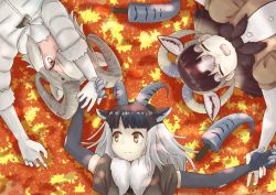 Rule 34 | 3girls, ^ ^, animal ears, autumn leaves, black hair, blunt bangs, brown hair, closed eyes, closed mouth, dall sheep (kemono friends), detached sleeves, elbow gloves, extra ears, fingerless gloves, fur collar, fur scarf, gloves, grey hair, hane (kirschbaum), highres, himalayan tahr (kemono friends), holding hands, horizontal pupils, horns, jacket, kemono friends, leaf, long hair, looking at another, looking to the side, looking up, lying, medium hair, mouflon (kemono friends), multiple girls, on back, open mouth, parted bangs, scarf, sheep girl, sheep horns, short sleeves, sidelocks, smile, upper body, yellow eyes