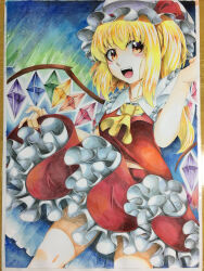 Rule 34 | 1girl, 283win, :d, absurdres, acrylic paint (medium), ascot, blonde hair, commentary request, crystal, flandre scarlet, frilled skirt, frills, hat, hat ribbon, highres, long hair, looking at viewer, mob cap, one side up, open mouth, orange eyes, painting (medium), photo (medium), red ribbon, red shirt, red skirt, ribbon, shikishi, shirt, short sleeves, sidelocks, skirt, smile, solo, teeth, touhou, traditional media, upper teeth only, white hat, wings, yellow ascot