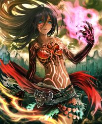 Rule 34 | 1girl, artist request, black hair, black skin, blue eyes, breasts, broken glass, chest jewel, colored skin, cygames, dark-skinned female, dark skin, enkidu (shadowverse), fingernails, full-body tattoo, glass, glowing tattoo, long hair, looking at viewer, multicolored skin, navel, official art, open mouth, shadowverse, sharp fingernails, shingeki no bahamut, small breasts, solo, tattoo