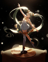 Rule 34 | 1girl, absurdly long hair, absurdres, arahe, black background, boots, dress, en pointe, closed eyes, green hair, hatsune miku, highres, inu8neko, long hair, miku symphony (vocaloid), outstretched arms, pleated skirt, see-through, see-through dress, single thigh boot, skirt, solo, spread arms, thigh boots, thighhighs, twintails, very long hair, vocaloid, white skirt