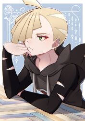 Rule 34 | 1boy, ahoge, black shirt, blonde hair, closed mouth, commentary request, creatures (company), ear piercing, game freak, gladion (pokemon), green eyes, grey vest, hair over one eye, head rest, highres, hood, hooded vest, hoodie, leaning, male focus, mocacoffee 1001, nintendo, piercing, pokemon, pokemon sm, shirt, short hair, signature, solo, tassel, torn clothes, torn shirt, upper body, vest