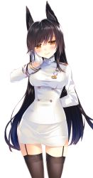 Rule 34 | 1girl, animal ears, arikawa satoru, atago (azur lane), azur lane, black hair, blush, bow, breasts, closed mouth, commentary request, cowboy shot, garter straps, gloves, hair between eyes, hand on own cheek, hand on own face, highres, large breasts, long hair, long sleeves, looking at viewer, medal, military, military uniform, miniskirt, mole, mole under eye, pencil skirt, ribbon, simple background, skirt, solo, thighhighs, uniform, white bow, white gloves, white ribbon, white skirt, yellow eyes