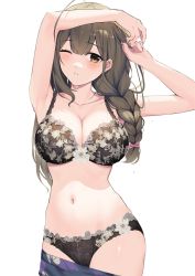 Rule 34 | 1girl, ahoge, armpits, arms up, black bra, black panties, blush, bra, braid, braided ponytail, breasts, brown eyes, brown hair, cleavage, gin00, hair over shoulder, idolmaster, idolmaster shiny colors, kuwayama chiyuki, lace, lace-trimmed bra, lace-trimmed panties, lace trim, large breasts, lingerie, long braid, long hair, looking at viewer, navel, one eye closed, panties, parted lips, simple background, single braid, solo, standing, sweat, underwear, underwear only