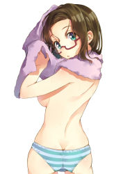 Rule 34 | 1girl, :o, ass, blue eyes, breasts, brown hair, butt crack, from behind, glasses, holding, looking back, original, panties, red-framed eyewear, semi-rimless eyewear, simple background, solo, striped clothes, striped panties, t-okada, topless, towel, under-rim eyewear, underwear, wet, white background