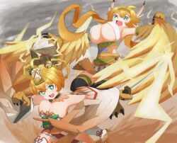 Rule 34 | 2girls, absurdres, animal hands, bare shoulders, bird legs, blonde hair, blush, breasts, claws, cleavage, commentary request, dual persona, green eyes, hair between eyes, harpy, highres, holding, holding sword, holding weapon, katana, large breasts, lightning, monster girl, monster musume td, multiple girls, open mouth, shootingstar masa, short hair, star-shaped pupils, star (symbol), sword, symbol-shaped pupils, talons, underboob, waemawa, waemawa (new years), weapon, wide sleeves, winged arms, wings, yellow wings