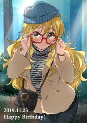 Rule 34 | 1girl, absurdres, ahoge, bag, beanie, bespectacled, black pants, black shirt, blonde hair, blue hat, blush, brown coat, casual, closed mouth, coat, commentary request, cowboy shot, dated, flying sweatdrops, fur coat, glasses, green eyes, handbag, happy birthday, hat, highres, hoshii miki, idolmaster, idolmaster (classic), leaning forward, long hair, long sleeves, looking at viewer, open clothes, open coat, pants, rectangular eyewear, red-framed eyewear, shirt, shoulder bag, smile, solo, sparkle, star (symbol), striped clothes, striped shirt, tokiani, very long hair