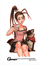 Rule 34 | 1girl, alternate costume, angry, bag, brown eyes, brown hair, capcom, casual, cookie, cup, don (street fighter), drinking straw, food, ibuki (street fighter), omar dogan, open mouth, paper bag, signature, sitting, skirt, street fighter, street fighter iii (series), tanuki