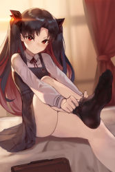 Rule 34 | 1girl, aged down, backlighting, bare legs, black hair, black legwear, blouse, blush, breasts, collared shirt, fate/grand order, fate (series), feet, highres, ishtar (fate), long hair, long sleeves, looking at viewer, multicolored hair, parted bangs, red eyes, red hair, seon (seonon ), shirt, sitting, small breasts, solo, space ishtar (fate), thighs, two-tone hair, two side up, white shirt