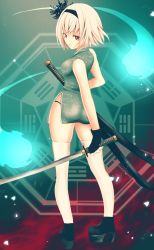 Rule 34 | 1girl, ass, bagua, bare arms, bare shoulders, black footwear, black gloves, breasts, china dress, chinese clothes, dress, fingerless gloves, full body, gloves, green dress, hairband, headband, highres, hitodama, holding, holding weapon, katana, konpaku youmu, looking at viewer, looking back, microdress, red eyes, sheepd, shoes, short hair, sleeveless, sleeveless dress, small breasts, solo, standing, sword, thighhighs, touhou, trigram, weapon, white hair, white thighhighs