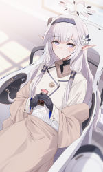 Rule 34 | 1girl, black gloves, blue archive, blue hairband, can, closed mouth, commentary request, gloves, hair tubes, hairband, halo, highres, himari (blue archive), holding, holding can, jacket, kinona, long hair, looking at viewer, mole, mole under eye, pointy ears, purple eyes, sitting, smile, solo, white hair, white jacket