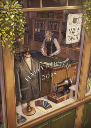 Rule 34 | 10s, 1boy, 2015, anbe yoshirou, bolt of cloth, desk, english text, eyebrows, facial hair, glasses, goatee, grey hair, happy new year, jacket, lamp, long sleeves, male focus, mannequin, necktie, new year, old, old man, original, plant, potted plant, scissors, sewing machine, shirt, shop, signature, solo, spool, tailor, tape measure, vest, wallet, white shirt, window