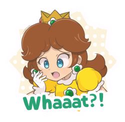 Rule 34 | 1girl, blue eyes, brooch, brown hair, chocomiru, crown, dress, earrings, english text, full body, gloves, jewelry, mario (series), mario party, mario party superstars, nintendo, princess daisy, short hair, smile, solo, surprised, transparent background, upper body, yellow dress