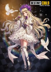 Rule 34 | 1girl, bird, black bow, black footwear, black ribbon, blonde hair, blunt bangs, bow, chalice, checkered background, crown of thorns, cup, destiny child, dove, dress, facial tattoo, flower, frills, highres, jademoon, jewelry, lolita fashion, long hair, necklace, orange eyes, puffy sleeves, purple flower, rainbow, ribbon, rita (destiny child), rosary, solo, tattoo, thighhighs, very long hair, white dress, white thighhighs
