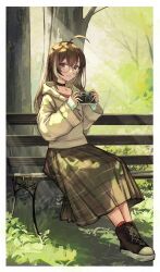 Rule 34 | 1girl, ahoge, bench, berry, black choker, brown eyes, brown footwear, brown hair, brown hoodie, brown skirt, camera, choker, dappled sunlight, earrings, food-themed earrings, glasses, grass, grin, high tops, highres, holding, holding camera, hololive, hololive english, hood, hoodie, jewelry, light rays, long hair, long skirt, looking at viewer, multicolored hair, nanashi mumei, nanashi mumei (casual), necklace, official alternate costume, on bench, oversized clothes, park, park bench, plaid, plaid skirt, red shirt, red socks, round eyewear, runes, shirt, shoes, sitting, skirt, sleeves past wrists, smile, sneakers, socks, streaked hair, sunlight, sweater, tree, tree shade, very long hair, virtual youtuber, white sweater, xyunx