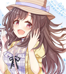 Rule 34 | 1girl, :d, amidada, black ribbon, blush, bow, breasts, brown hair, brown hat, cleavage, dress, frilled dress, frills, hands up, hat, hat bow, highres, idolmaster, idolmaster shiny colors, jacket, long hair, medium breasts, neck ribbon, open clothes, open jacket, open mouth, plaid, plaid dress, polka dot, polka dot bow, puffy short sleeves, puffy sleeves, purple bow, purple dress, red eyes, ribbon, see-through, short sleeves, smile, solo, translation request, tsukioka kogane, upper body, yellow jacket