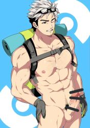 Rule 34 | 1boy, abs, bar censor, bara, black hair, bulge, censored, closed mouth, creatures (company), erection, erection under clothes, eyewear on head, facial hair, game freak, glasses, gloves, grey gloves, grey hair, highres, large pectorals, male focus, male pubic hair, mazjojo, multicolored hair, muscular, muscular male, navel, nintendo, nipples, nude, pectorals, penis, pokemon, pokemon go, pubic hair, short hair, smile, solo, testicles, two-tone hair, willow (pokemon)