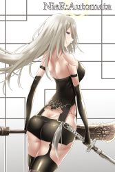 Rule 34 | 1girl, android, ass, bare shoulders, blue eyes, breasts, butt crack, dual wielding, elbow gloves, from behind, gloves, highres, holding, huge weapon, large breasts, long hair, looking at viewer, nier (series), nier:automata, shiny clothes, shiny skin, shirosh, short shorts, shorts, sideboob, skindentation, solo, square enix, sword, thighhighs, weapon, a2 (nier:automata)