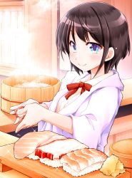 Rule 34 | 1girl, absurdres, blue eyes, blush, bow, bowtie, brown hair, closed mouth, commentary request, fish (food), food, highres, holding, holding food, hololive, indoors, jacket, long sleeves, looking at viewer, nigirizushi, ooranokohaku, oozora subaru, open clothes, open jacket, purple jacket, red bow, red bowtie, short hair, smile, solo, sushi, upper body, virtual youtuber