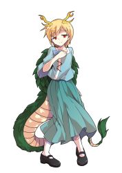 Rule 34 | 1girl, alphes (style), antlers, aqua skirt, black footwear, blonde hair, blue bow, blue shirt, bow, closed mouth, collarbone, commentary request, dairi, dragon girl, dragon horns, dragon tail, full body, hand on own chest, highres, horns, kicchou yachie, long skirt, looking at viewer, mary janes, parody, pleated skirt, red eyes, shirt, shoes, short hair, skirt, smile, socks, solo, standing, style parody, tachi-e, tail, touhou, transparent background, turtle shell, white socks