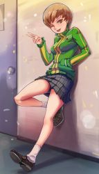 Rule 34 | 1girl, absurdres, against wall, bike shorts, black footwear, black skirt, blush, bob cut, breasts, brown eyes, brown hair, door, female focus, full body, green jacket, hand in pocket, hand up, happy, highres, indoors, jacket, leaning back, leg up, light blush, long sleeves, matching hair/eyes, medium breasts, miniskirt, one eye closed, open mouth, persona, persona 4, pin, pleated skirt, satonaka chie, school uniform, shoes, short hair, shorts, shorts under skirt, sidelocks, skirt, smile, socks, solo, standing, standing on one leg, striped clothes, striped jacket, teeth, toasty scones, toes up, tongue, turtleneck, v, white socks, wink, zipper, zipper pull tab