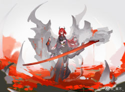 Rule 34 | 1girl, :d, alternate costume, arknights, black kimono, commentary, demon girl, demon horns, dong muxing, folding fan, geta, grey footwear, hair between eyes, hand fan, holding, holding fan, horns, japanese clothes, kimono, long hair, long sleeves, looking at viewer, lava, monster, obi, open mouth, red eyes, red hair, sash, simple background, sitting, smile, socks, solo, surtr (arknights), sword, tabi, very long hair, weapon, weibo logo, weibo watermark, white background, white socks, wide shot, wide sleeves