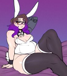 Rule 34 | 1girl, animal ears, breasts, glasses, gradient background, highres, inatv, indie virtual youtuber, leotard, mechanical arms, medium breasts, playboy bunny, plump, rabbit ears, single mechanical arm, skirt, solo, thick thighs, thighhighs, thighs, toxicsoul77, virtual youtuber, yellow eyes