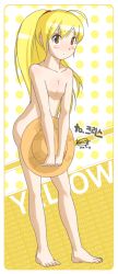 Rule 34 | 10s, 1girl, 2012, ahoge, artist request, barefoot, blonde hair, blush, blush stickers, breasts, brown eyes, character name, cleavage, collarbone, covering privates, creatures (company), dated, feet, female focus, full body, game freak, hat, korean text, long hair, looking at viewer, nintendo, nipples, nude, nude cover, pokemon, pokemon adventures, polka dot, polka dot background, ponytail, signature, small breasts, solo, standing, sun hat, toes, v arms, yellow (pokemon)