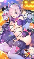 Rule 34 | 1girl, :d, animal costume, animal ears, bare shoulders, black nails, blush, bow, breasts, card (medium), character doll, claws, cleavage, company name, copyright name, costume, elbow gloves, fang, fate/grand order, fate (series), fingernails, fou (fate), fujimaru ritsuka (female), fujimaru ritsuka (male), fur-trimmed gloves, fur-trimmed legwear, fur trim, gloves, halloween, halloween costume, jack-o&#039;-lantern, large breasts, long fingernails, looking at viewer, mash kyrielight, mash kyrielight (dangerous beast), nail polish, navel, official art, olga marie animusphere, open mouth, pink hair, pumpkin, purple eyes, purple thighhighs, redrop, romani archaman, shiny skin, short hair, sidelocks, smile, star (symbol), tail, tail grab, thighhighs, underboob, wolf costume, wolf ears, wolf tail